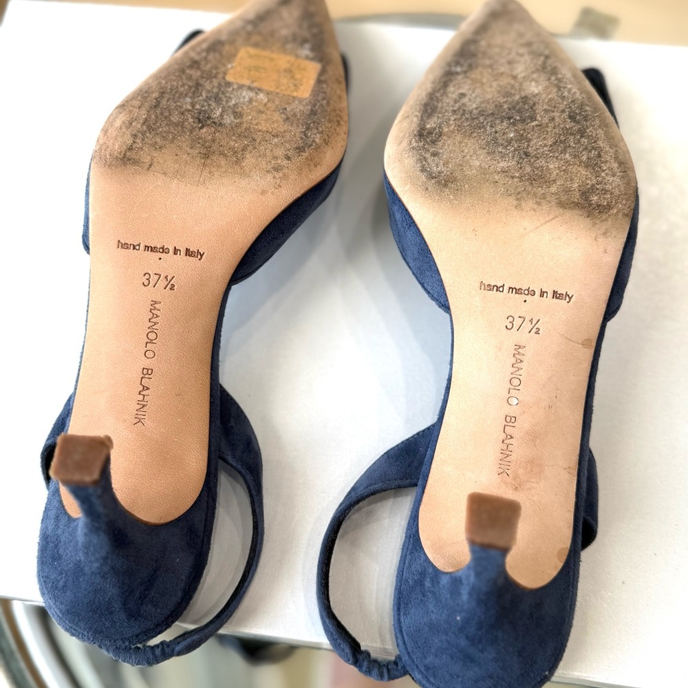 Manolo Blahnik Dark Blue Suede Slingback Heels - Picture 8 of 11